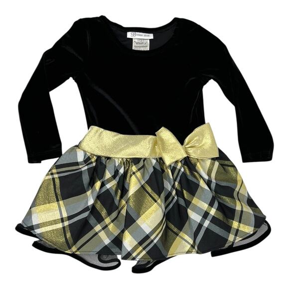 Bonnie Jean Girls 2T Holiday Dress Black Velvet Gold Plaid Bow Party Dress - Picture 1 of 5